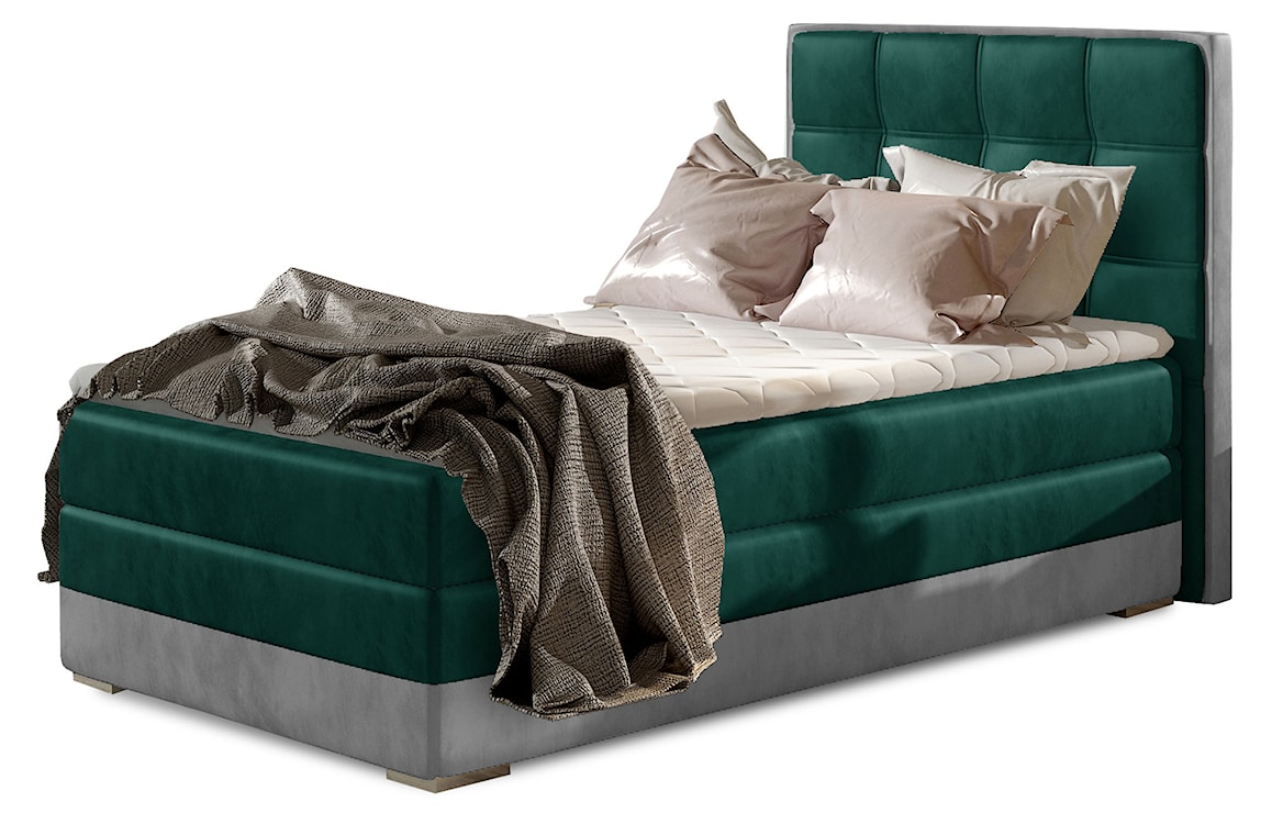 Łóżko kontynentalne Yassan 90x200 cm jednoosobowe z pojemnikiem zielone / jasnoszare welur hydrofobowy prawostronne 
