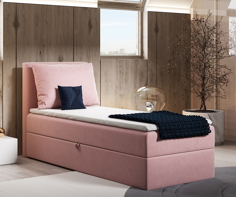Łóżko kontynentalne 80x200 cm Fayence z pojemnikiem i topperem jednoosobowe różowe lewostronne  - zdjęcie 2