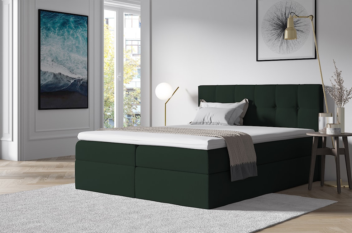Łóżko kontynentalne Verdeni 160x200 z dwoma pojemnikami, materacem i topperem zielone hydrofobowe  - zdjęcie 2