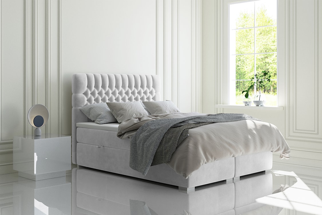 Łóżko kontynentalne 160x200 cm Persival z pojemnikami i topperem jasnoszare welur hydrofobowy  - zdjęcie 2