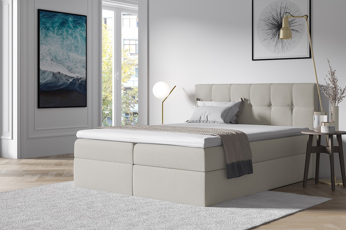 Łóżko kontynentalne Verdeni 180x200 z dwoma pojemnikami, materacem i topperem kremowe hydrofobowe  - zdjęcie 2
