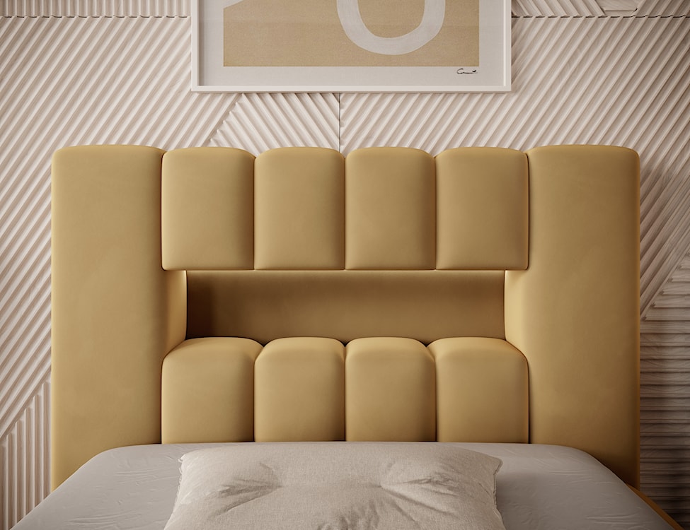 Łóżko tapicerowane 90x200 cm Rodeiro z pojemnikiem i oświetleniem musztardowe w tkaninie hydrofobowej  - zdjęcie 4