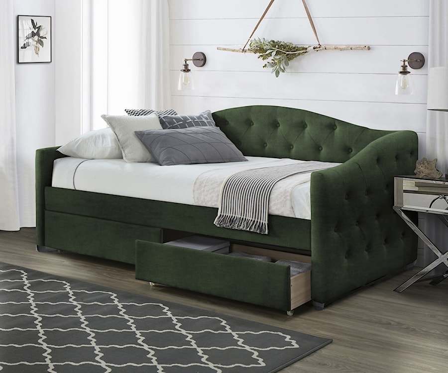 Łóżko tapicerowane Navarno z szufladami 90x200 cm ciemnozielone  - zdjęcie 2
