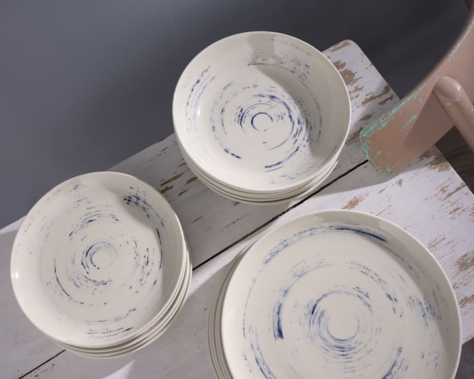Zestaw talerzy porcelanowych dla 6 os. City beżowo-niebieski  - zdjęcie 2