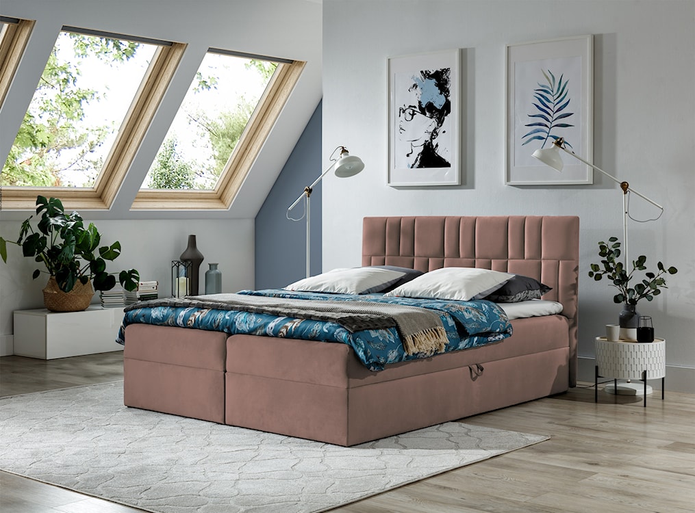 Łóżko kontynentalne Dalwik 180x200 z dwoma pojemnikami, materacem i topperem różowe hydrofobowe  - zdjęcie 2