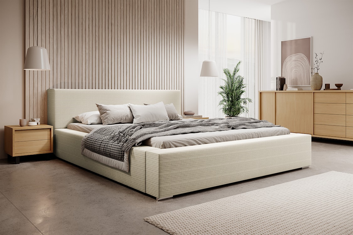 Łóżko tapicerowane 160x200 cm Pancetto z pojemnikiem jasnobeżowy sztruks  - zdjęcie 2