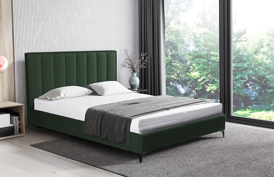 Łóżko tapicerowane 140x200 cm Vergato z pojemnikiem butelkowa zieleń welur łatwoczyszczący  - zdjęcie 2