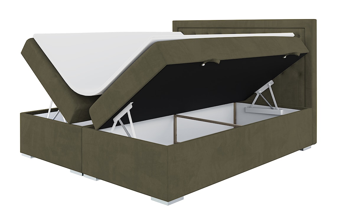 Łóżko kontynentalne 160x200 cm Glorn z pojemnikami i topperem oliwkowe welur hydrofobowy