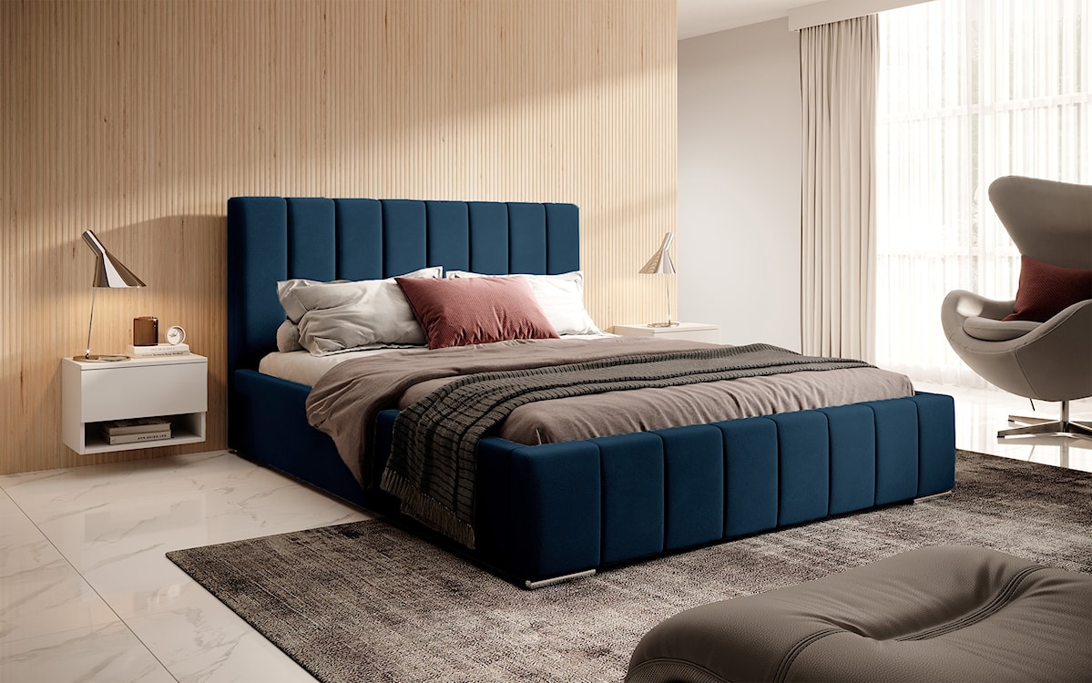 Łóżko tapicerowane 140x200 cm Wolte z pojemnikiem niebieskie welur  - zdjęcie 3