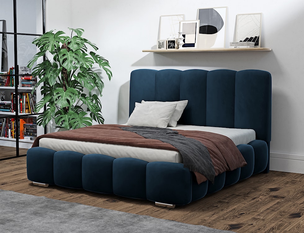 Łóżko tapicerowane 140x200 cm Kuglo z pojemnikiem niebieskie welur  - zdjęcie 2