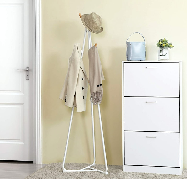 Wieszak stojący Mazim biały z drewnianymi elementami  - zdjęcie 5