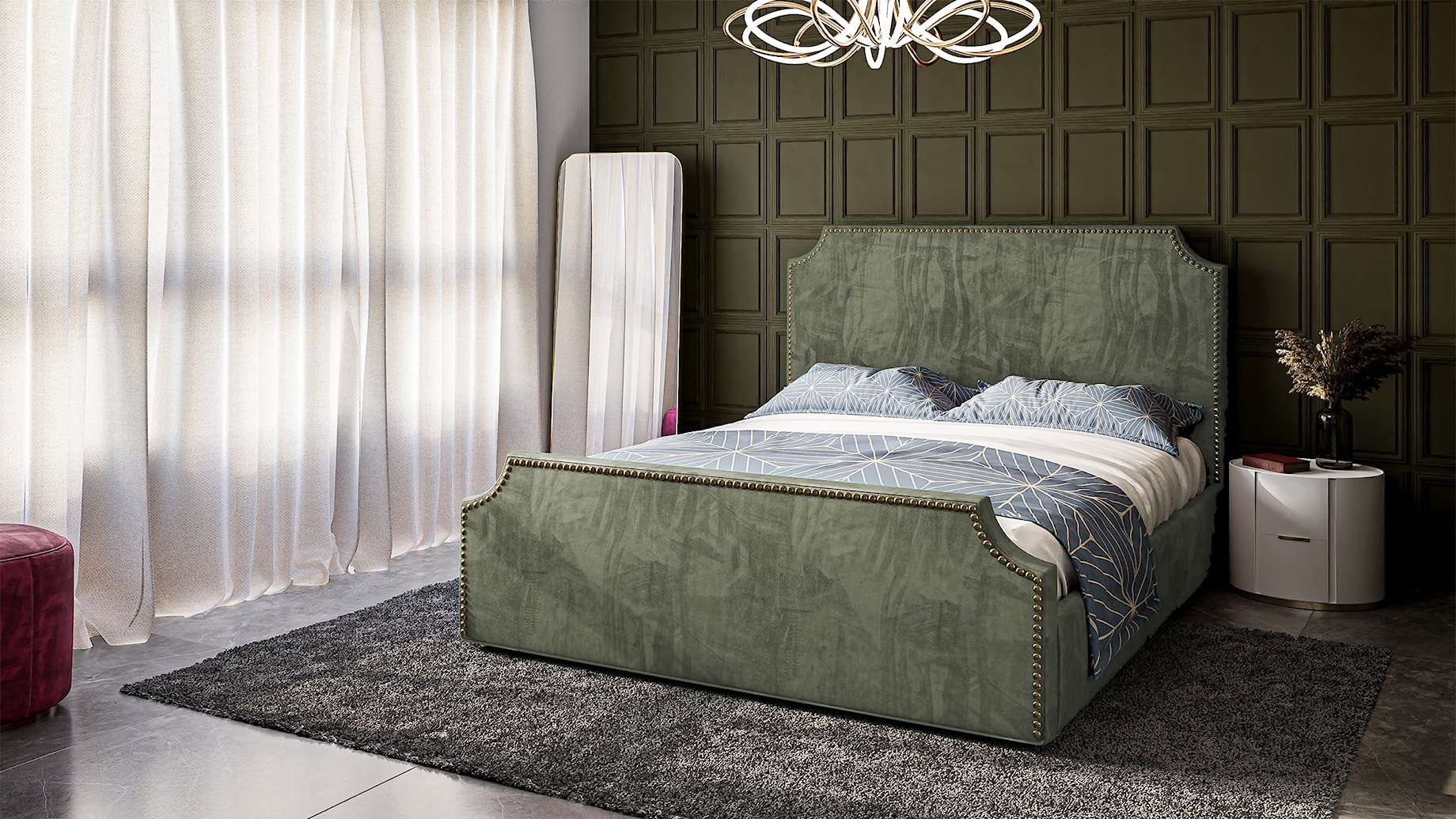 Oliwkowe łóżko tapicerowane w stylu barokowym