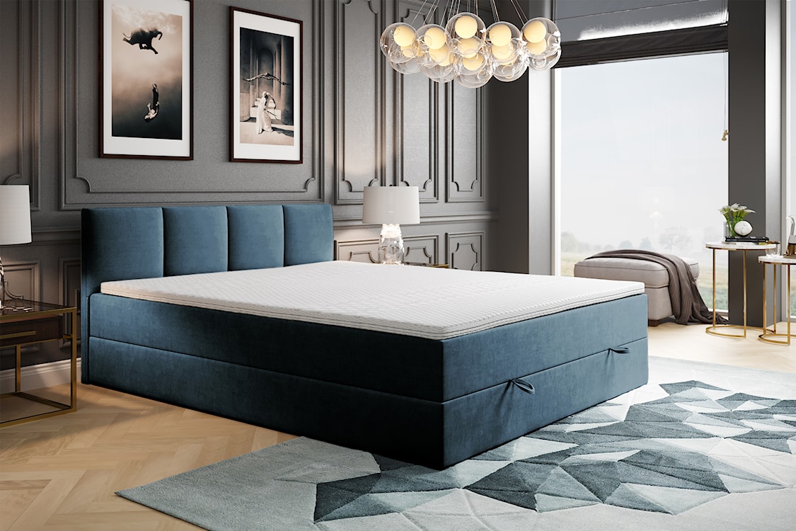 Łóżko kontynentalne 180x200 cm Rekand z pojemnikiem i topperem z materacem bonellowym niebieskie welur  - zdjęcie 4
