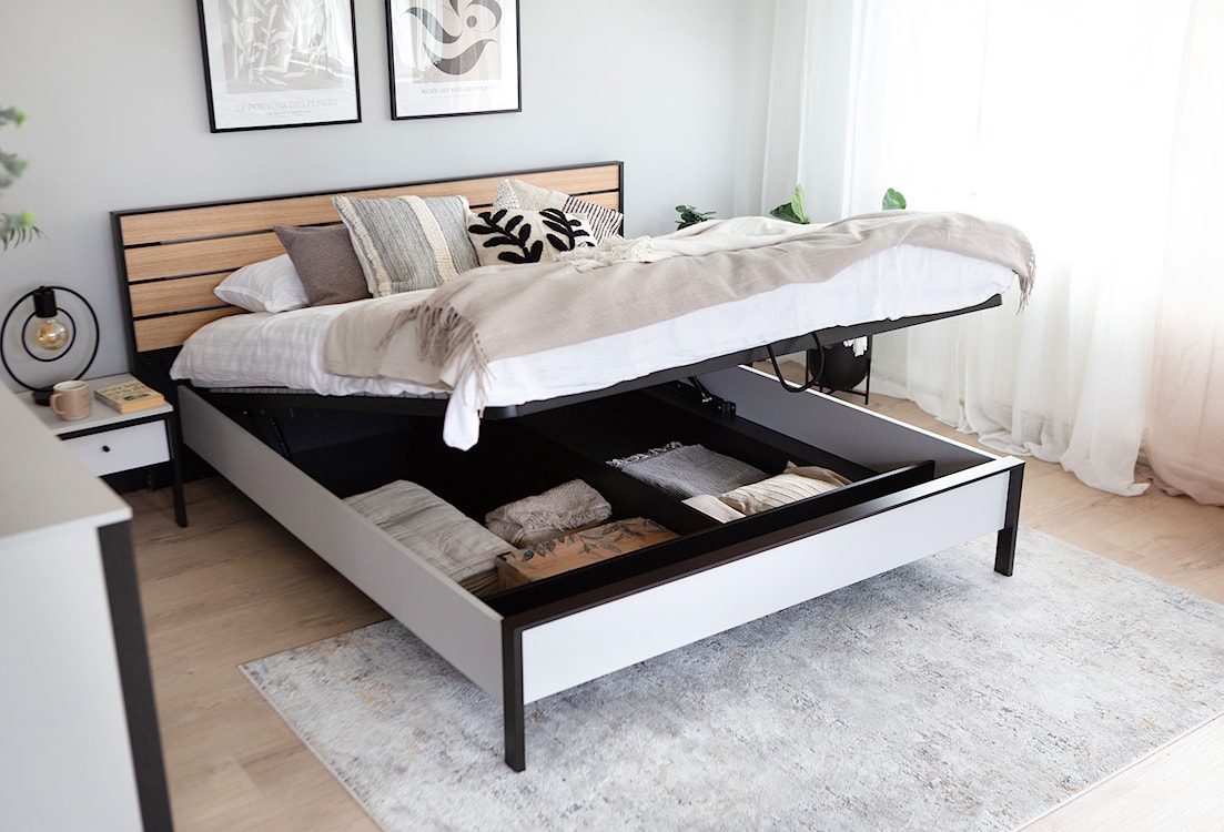 Łóżko Gris 160x200 cm z drewnianym zagłówkiem i LED szary / czarny / dąb natura  - zdjęcie 6