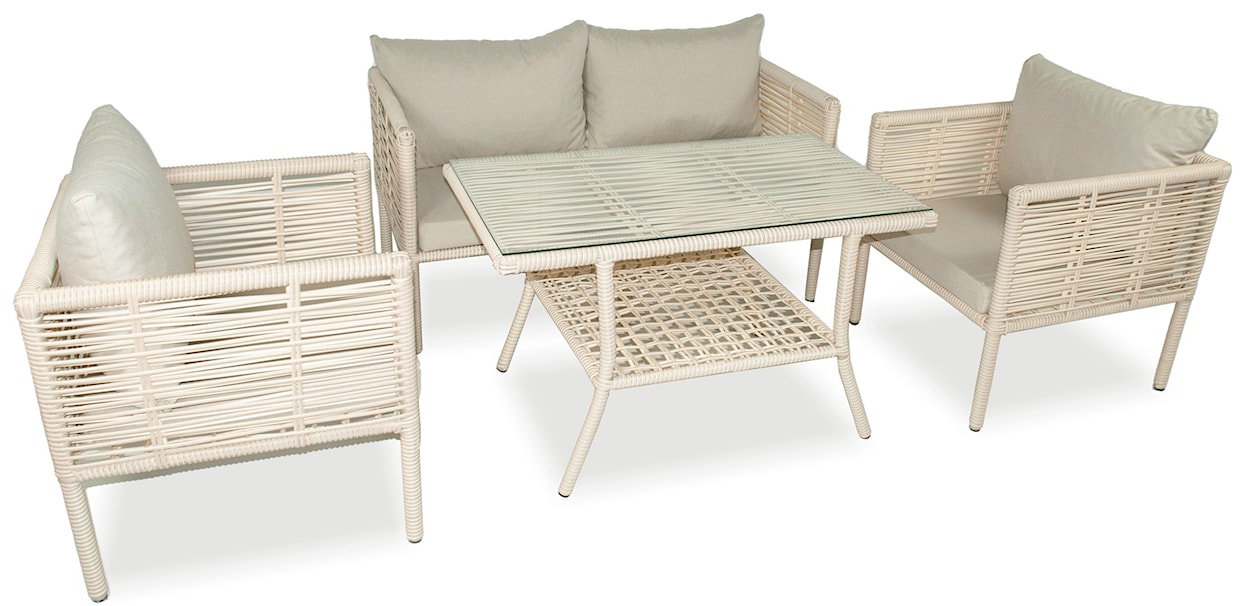 Zestaw mebli ogrodowych Callare z sofą, dwoma fotelami i stolikiem 130 cm aluminium kremowy