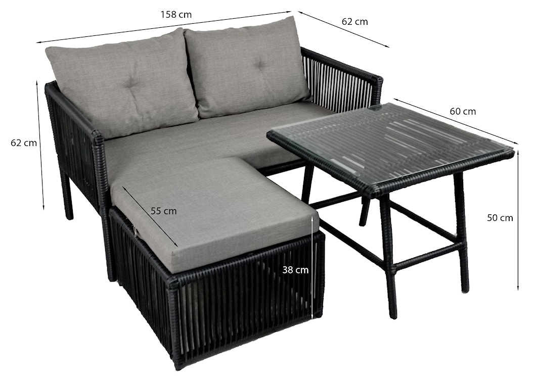 Zestaw mebli ogrodowych Blosset z sofą, pufą i stolikiem technorattan czarny  - zdjęcie 6