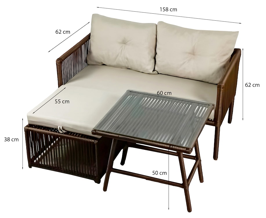Zestaw mebli ogrodowych Blosset z sofą, pufą i stolikiem technorattan brązowy  - zdjęcie 6