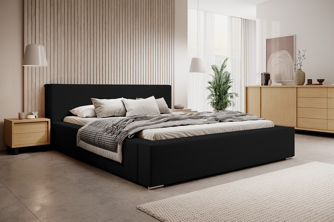 Łóżko tapicerowane 140x200 cm Pancetto z pojemnikiem czarny sztruks  - zdjęcie 2