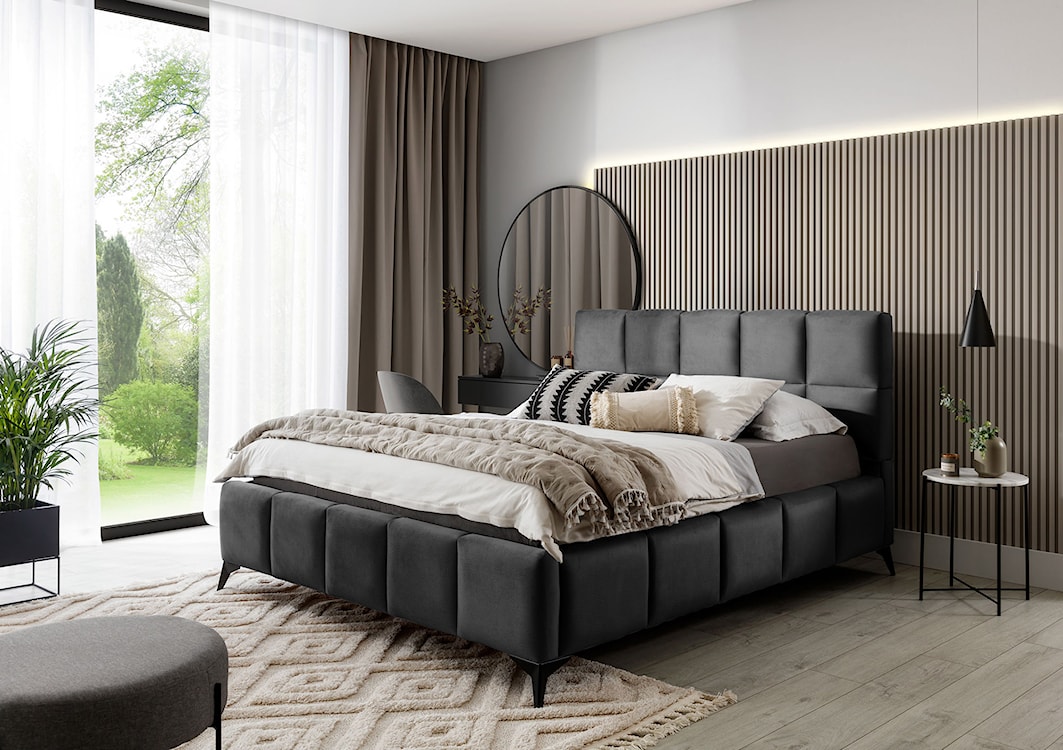 Łóżko tapicerowane 160x200 cm Maceda z pojemnikiem ciemnoszare w tkaninie hydrofobowej  - zdjęcie 2