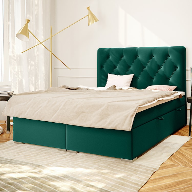 Łóżko kontynentalne 160x200 cm Lubekka z pojemnikami i topperem zielone welur hydrofobowy  - zdjęcie 2