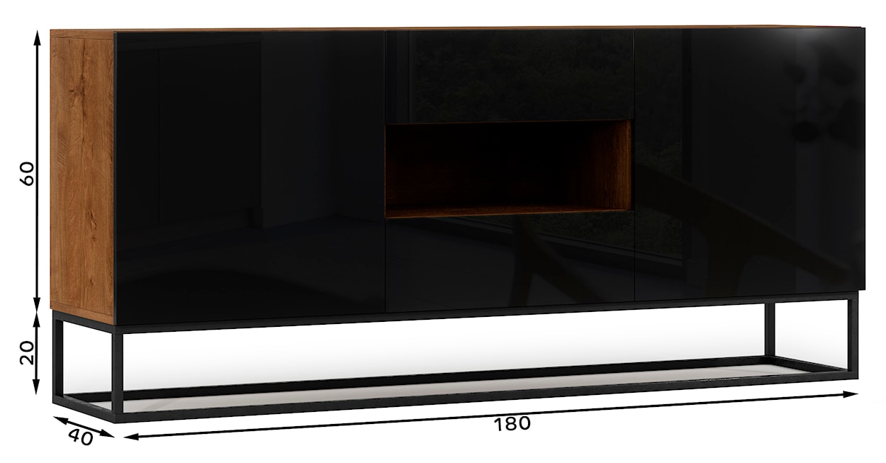 Komoda dwudrzwiowa Mirris 180 cm z dwiema szufladami dąb artisan / czarny połysk  - zdjęcie 4