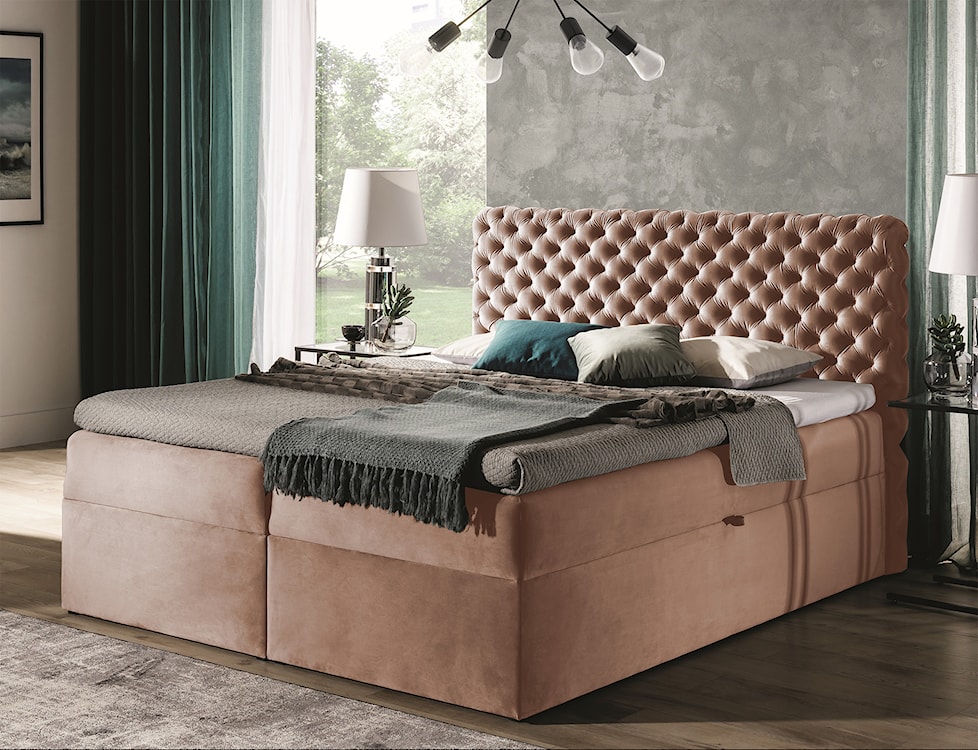Łóżko kontynentalne Costmary 160x200 z dwoma pojemnikami, materacem i topperem różowe hydrofobowe  - zdjęcie 2