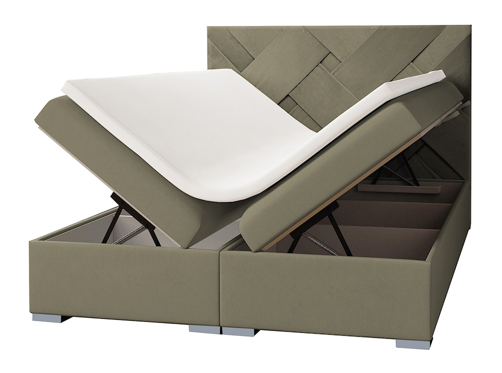 Łóżko kontynentalne 140x200 cm Lestrangie z pojemnikami i topperem oliwkowe welur hydrofobowy 