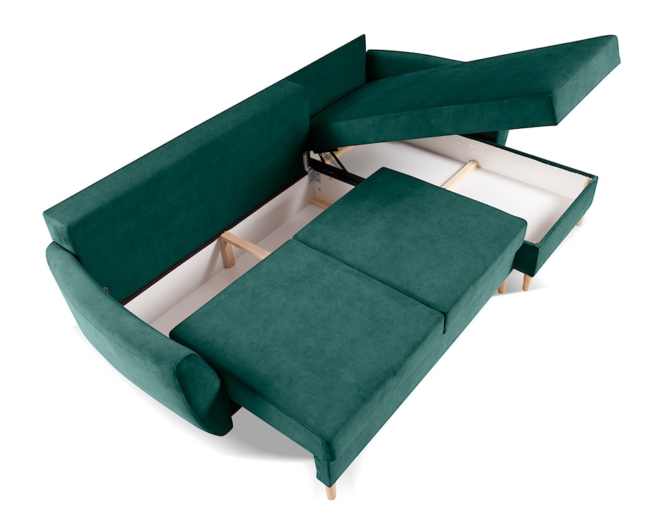 Narożnik z funkcją spania Paradela L-kształtny z pojemnikiem uniwersalny na nóżkach bukowych zielony welur hydrofobowy  - zdjęcie 5