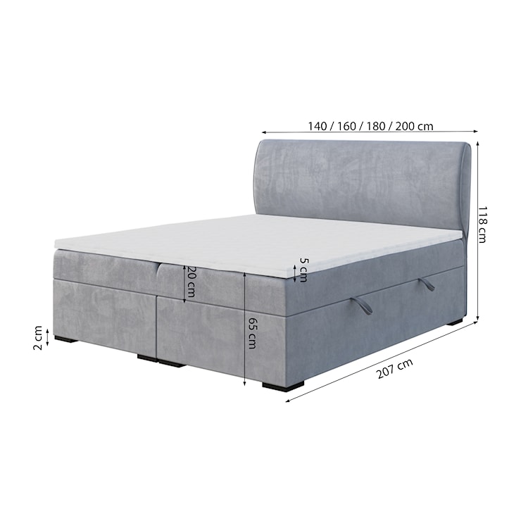 Łóżko kontynentalne 140x200 cm Poderetto z pojemnikiem na pościel i topperem jasnoszary velvet  - zdjęcie 5