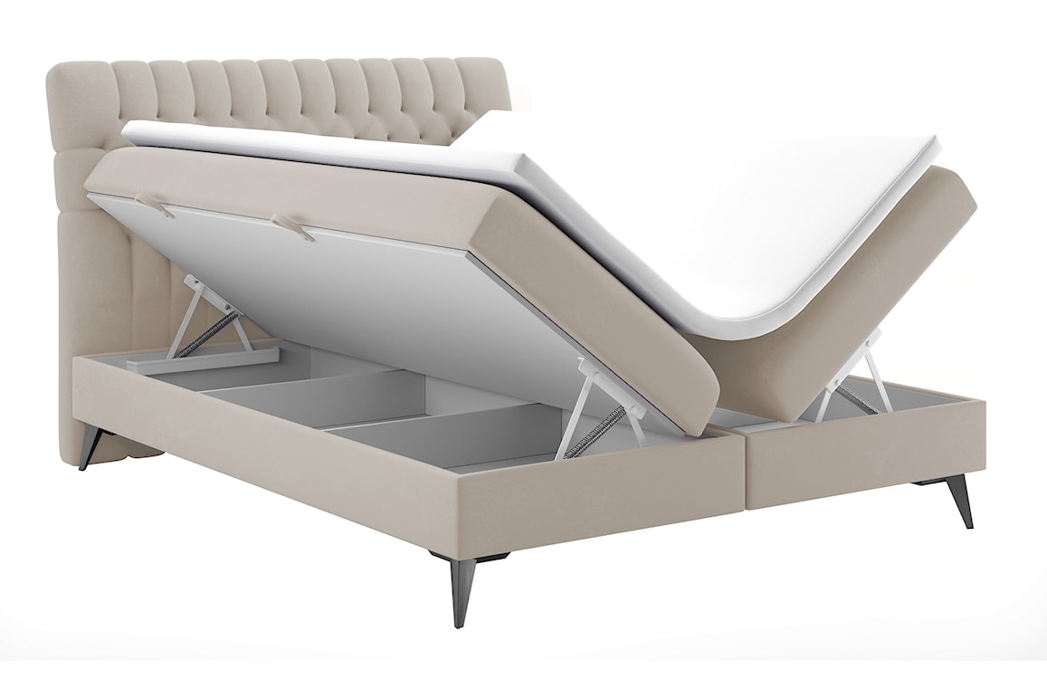 Łóżko kontynentalne 160x200 cm Rubeuz z pojemnikami i topperem beżowe welur hydrofobowy  - zdjęcie 4