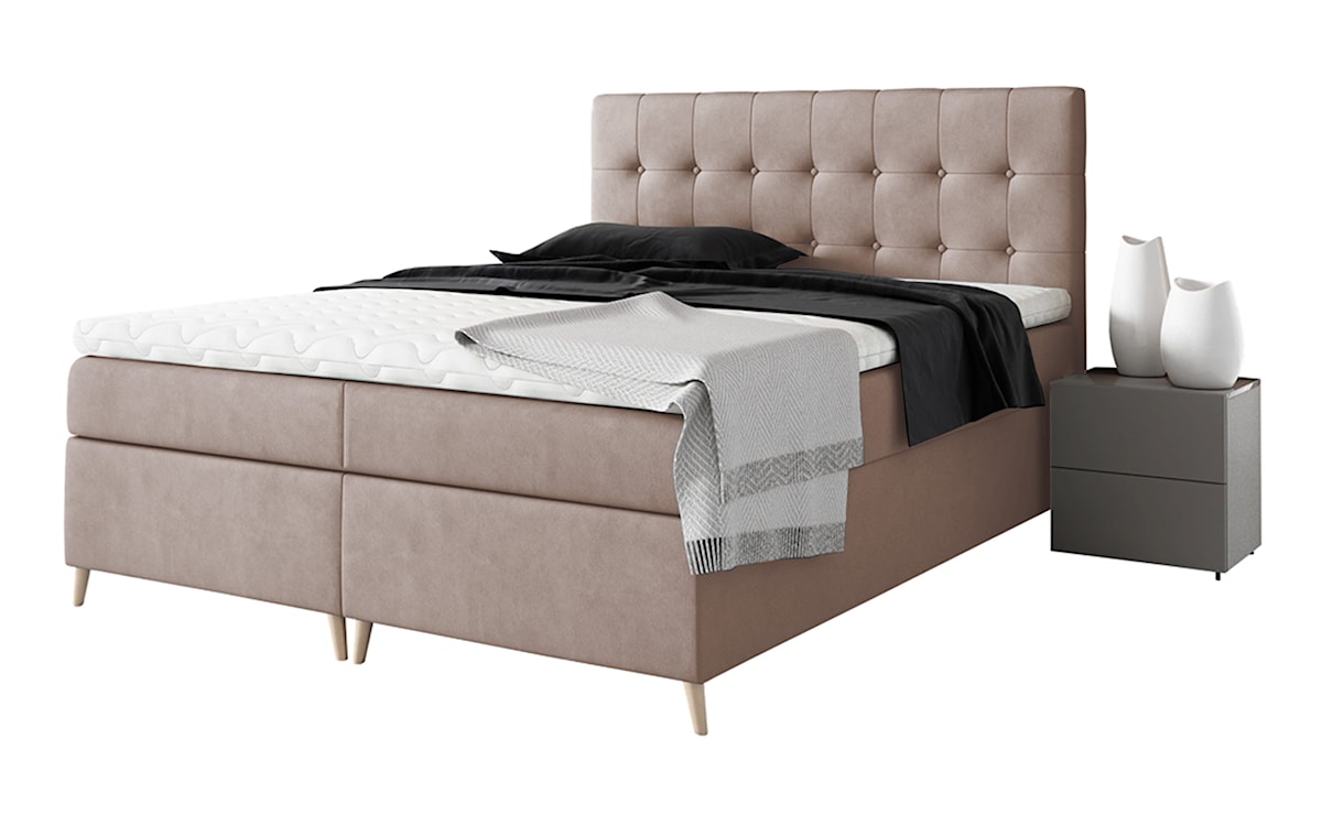 Łóżko kontynentalne Merrans 180x200 z dwoma pojemnikami, materacem i topperem różowe hydrofobowe 