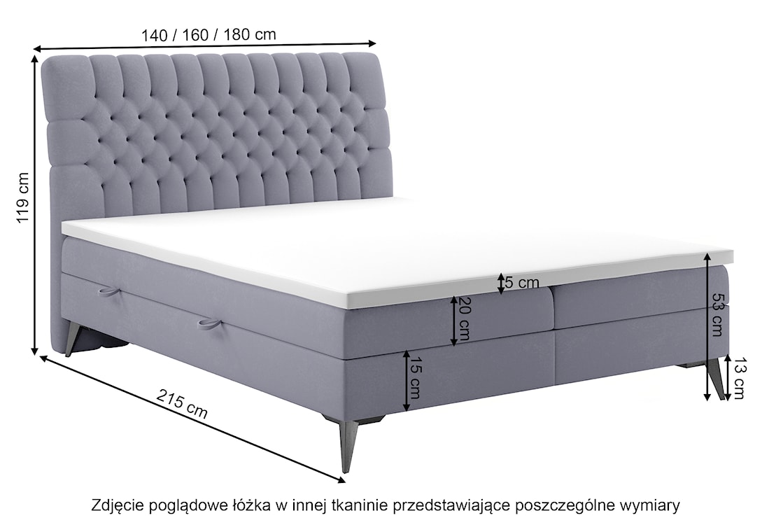 Łóżko kontynentalne 180x200 cm Rubeuz z pojemnikami i topperem szare welur hydrofobowy  - zdjęcie 5