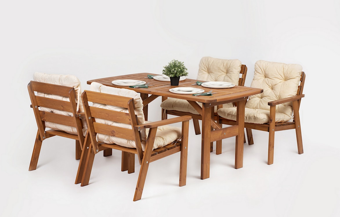 Zestaw mebli ogrodowych Avoints drewno sosnowe stół z 4 krzesłami miodowy z beżowymi poduszkami  - zdjęcie 3