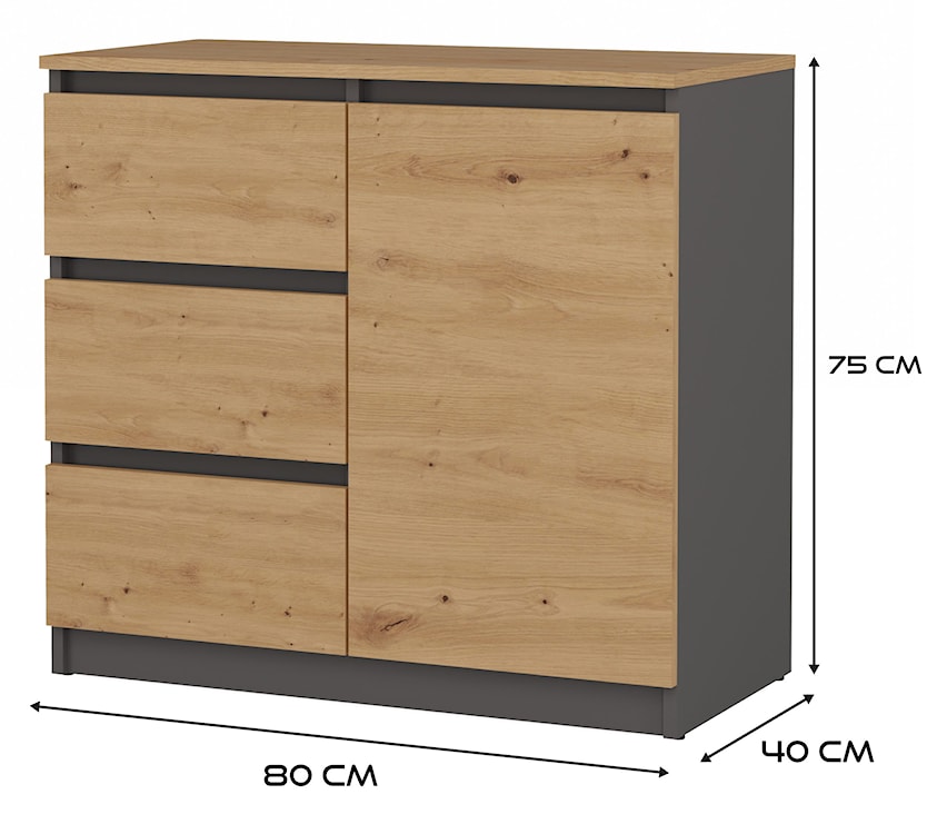 Komoda jednodrzwiowa Salsars 80 cm z trzema szufladami antracyt/dąb artisan z blatem dąb artisan  - zdjęcie 5