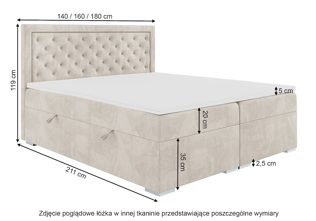 Łóżko kontynentalne 160x200 cm Glorn z pojemnikami i topperem granatowe welur hydrofobowy  - zdjęcie 4