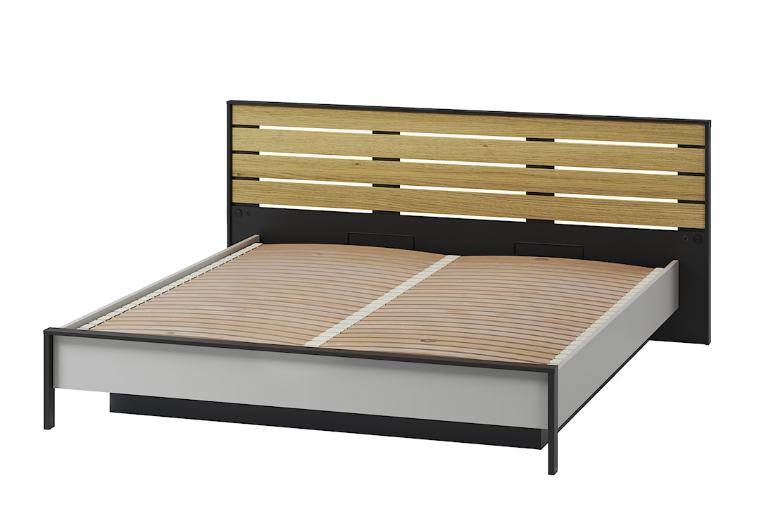 Łóżko Gris 180x200 cm z drewnianym zagłówkiem i LED szary / czarny / dąb natura  - zdjęcie 7