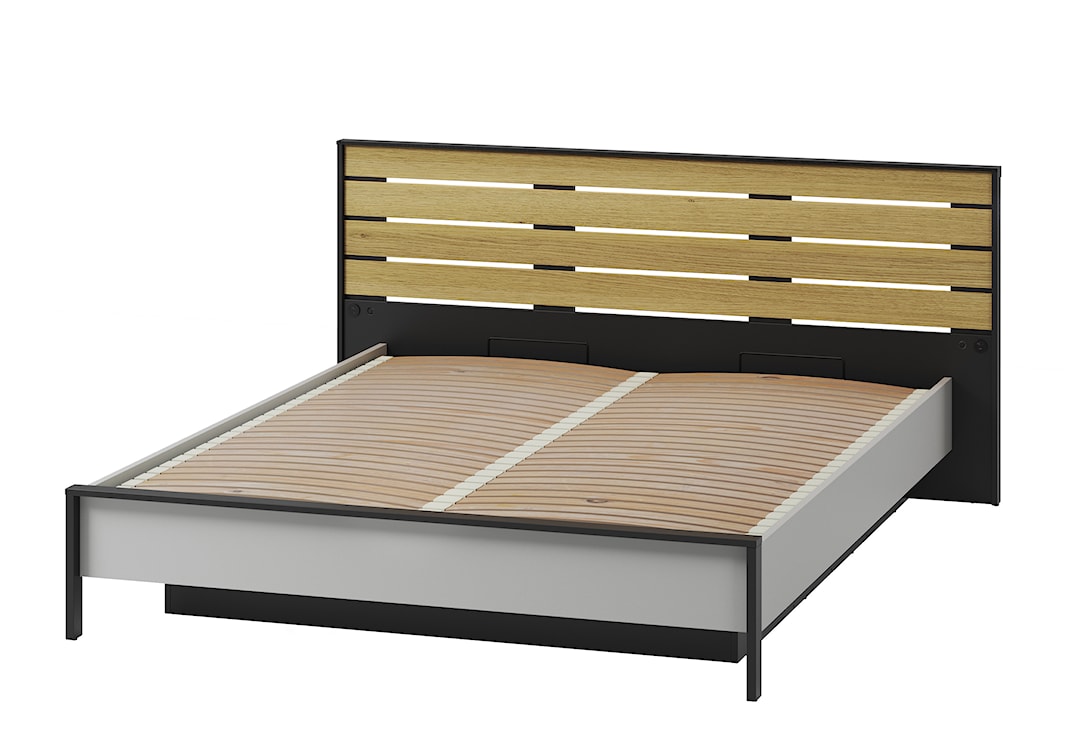 Łóżko Gris 160x200 cm z drewnianym zagłówkiem i LED szary / czarny / dąb natura  - zdjęcie 7