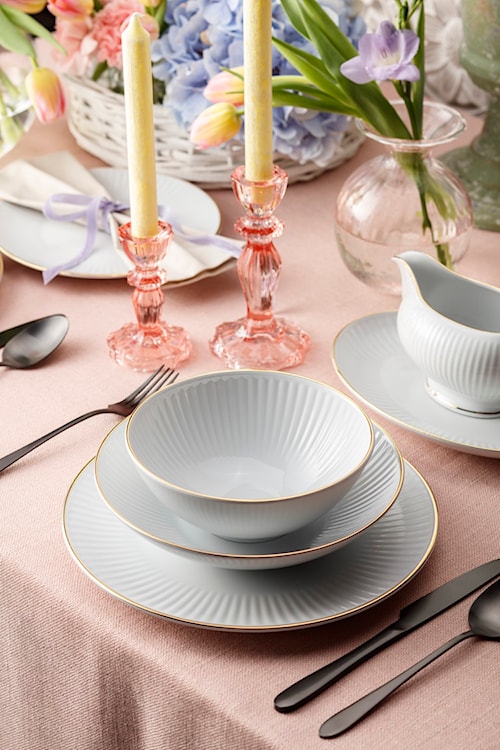 Serwis obiadowy porcelanowy dla 12 os. Dalia biało-złoty  - zdjęcie 7