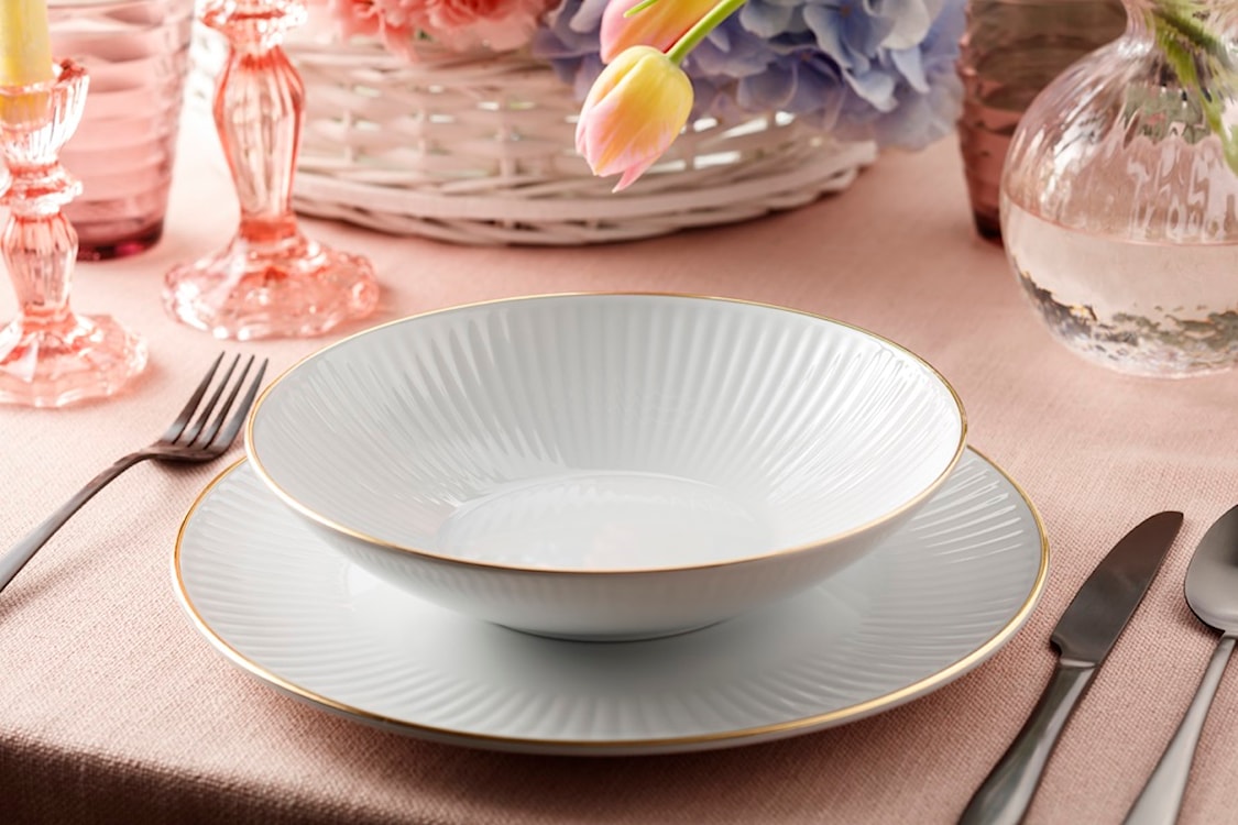 Serwis obiadowy porcelanowy dla 12 os. Dalia biało-złoty  - zdjęcie 6