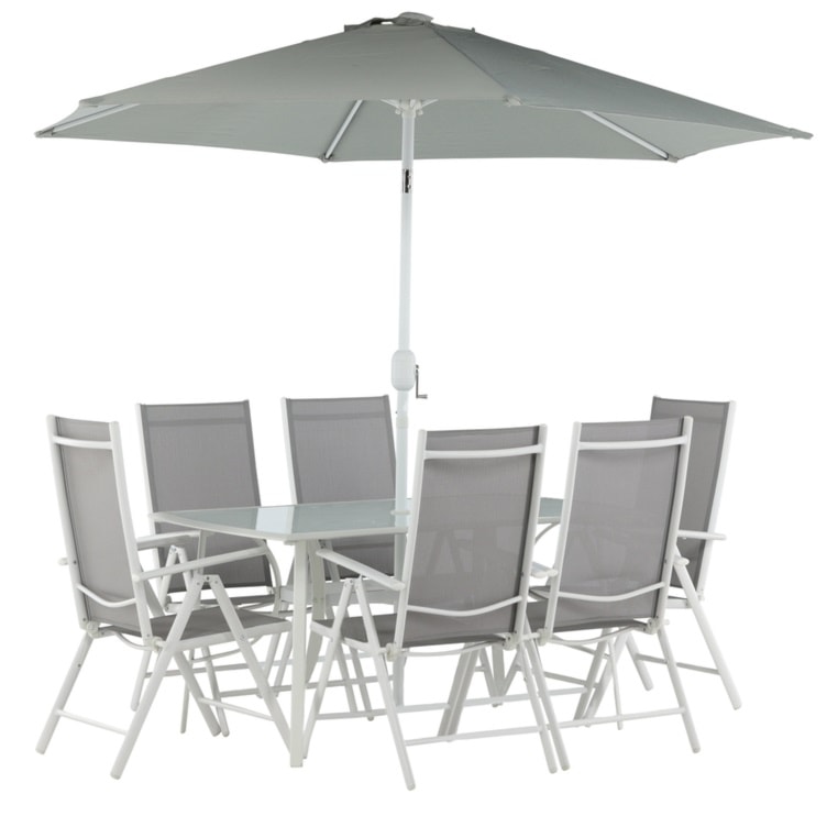Zestaw ogrodowy z parasolem Nuazzo sześcioosobowy z regulowanymi krzesłami szaro-biały