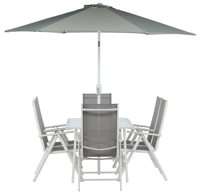 Zestaw ogrodowy z parasolem Nuazzo sześcioosobowy z regulowanymi krzesłami szaro-biały  - zdjęcie 3