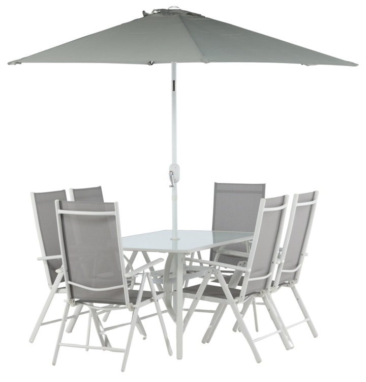 Zestaw ogrodowy z parasolem Nuazzo sześcioosobowy z regulowanymi krzesłami szaro-biały  - zdjęcie 4