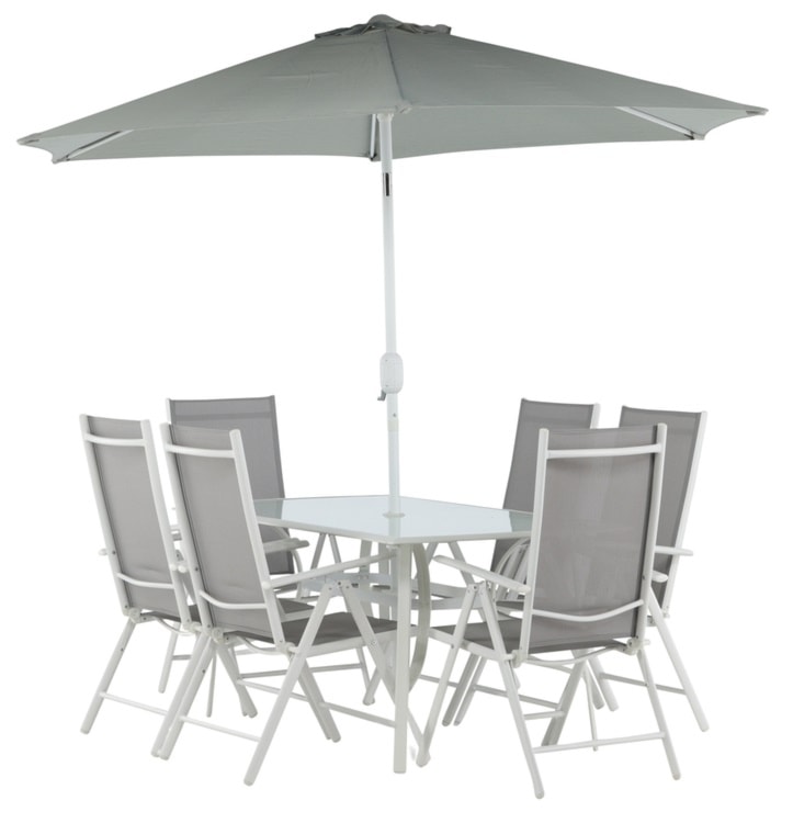 Zestaw ogrodowy z parasolem Nuazzo sześcioosobowy z regulowanymi krzesłami szaro-biały  - zdjęcie 5