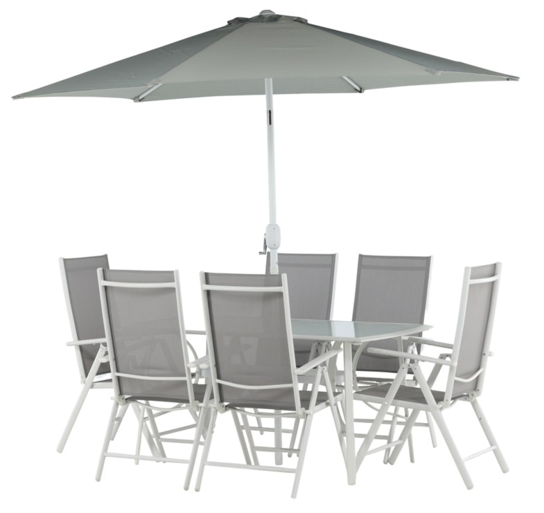 Zestaw ogrodowy z parasolem Nuazzo sześcioosobowy z regulowanymi krzesłami szaro-biały  - zdjęcie 6