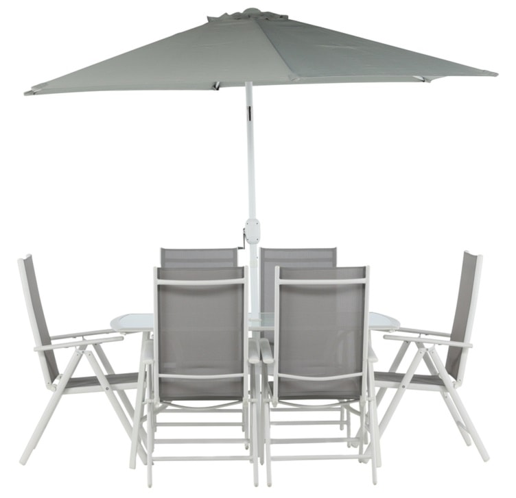 Zestaw ogrodowy z parasolem Nuazzo sześcioosobowy z regulowanymi krzesłami szaro-biały  - zdjęcie 7