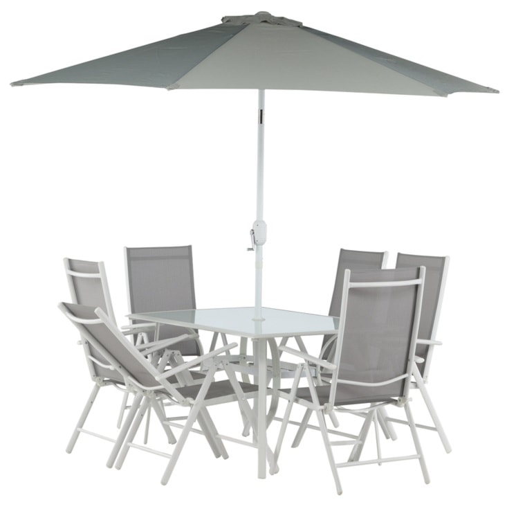 Zestaw ogrodowy z parasolem Nuazzo sześcioosobowy z regulowanymi krzesłami szaro-biały  - zdjęcie 8
