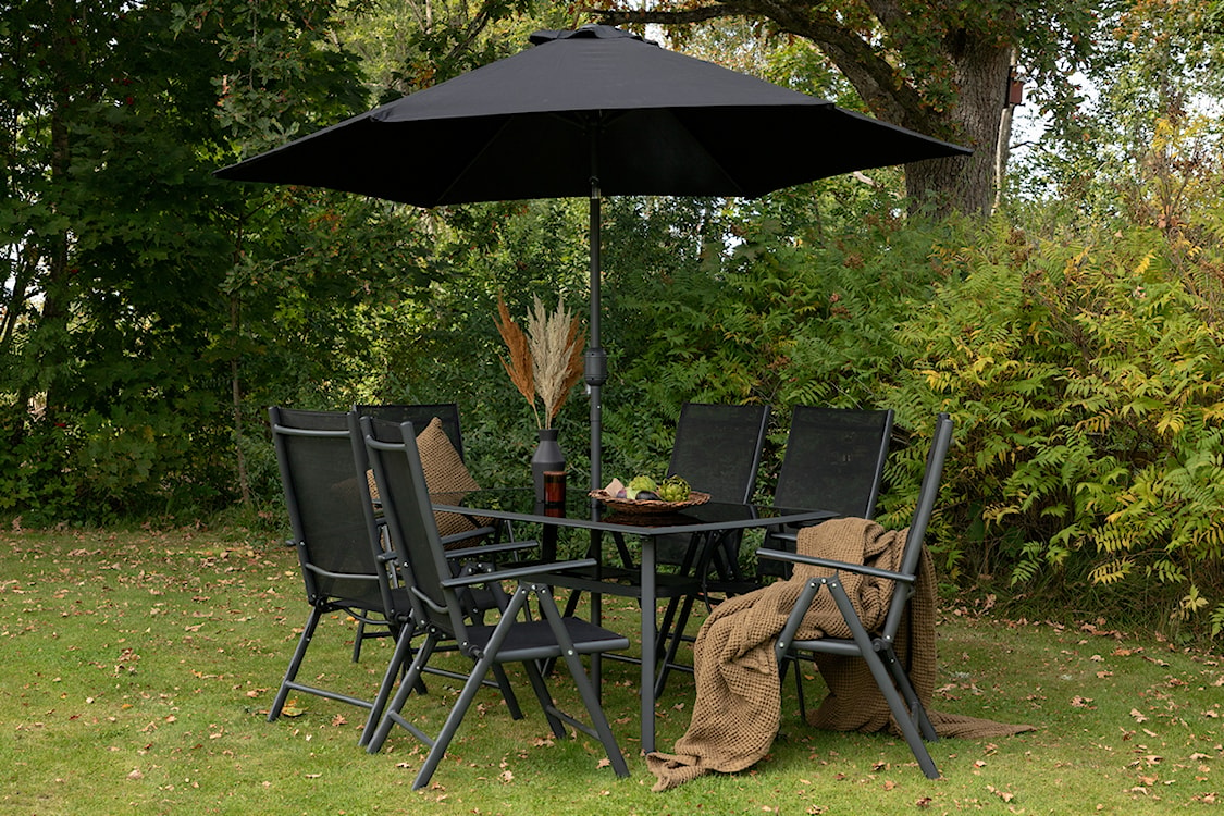 Zestaw ogrodowy z parasolem Nuazzo sześcioosobowy z regulowanymi krzesłami czarny  - zdjęcie 2