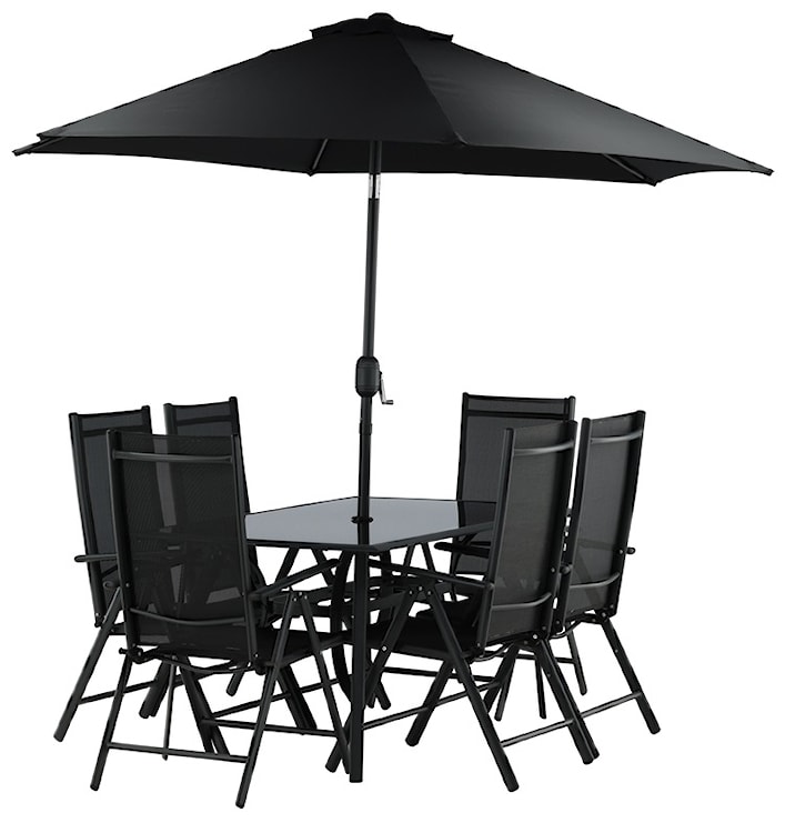 Zestaw ogrodowy z parasolem Nuazzo sześcioosobowy z regulowanymi krzesłami czarny  - zdjęcie 4