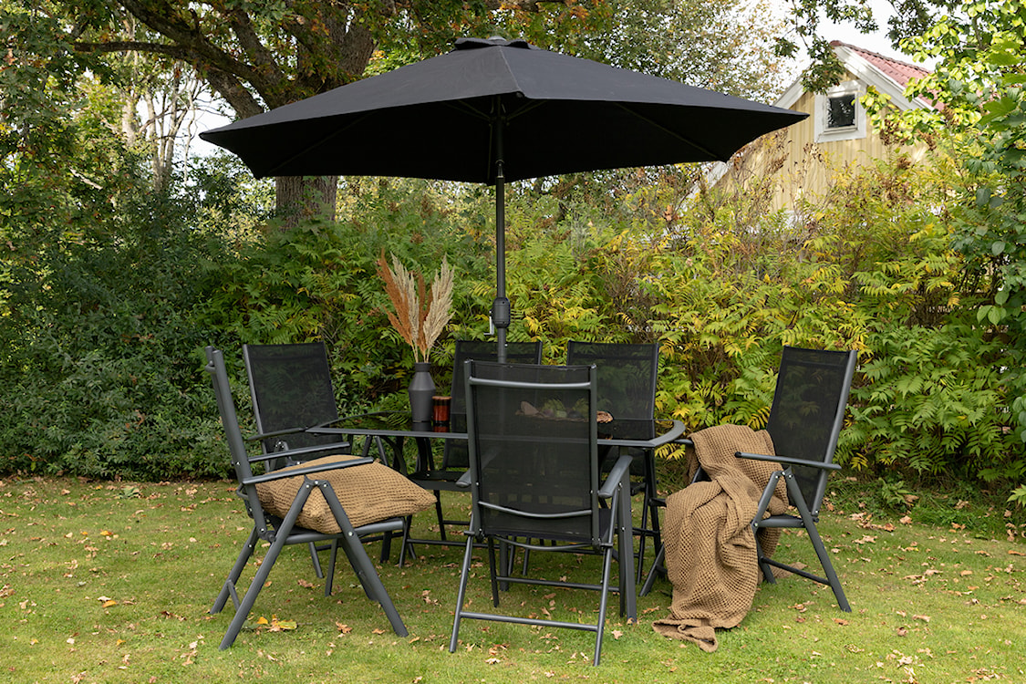 Zestaw ogrodowy z parasolem Nuazzo sześcioosobowy z regulowanymi krzesłami czarny  - zdjęcie 12