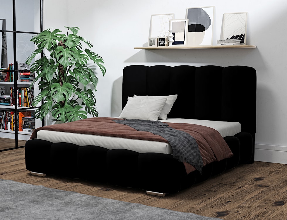 Łóżko tapicerowane 160x200 cm Kuglo z pojemnikiem czarne welur  - zdjęcie 2